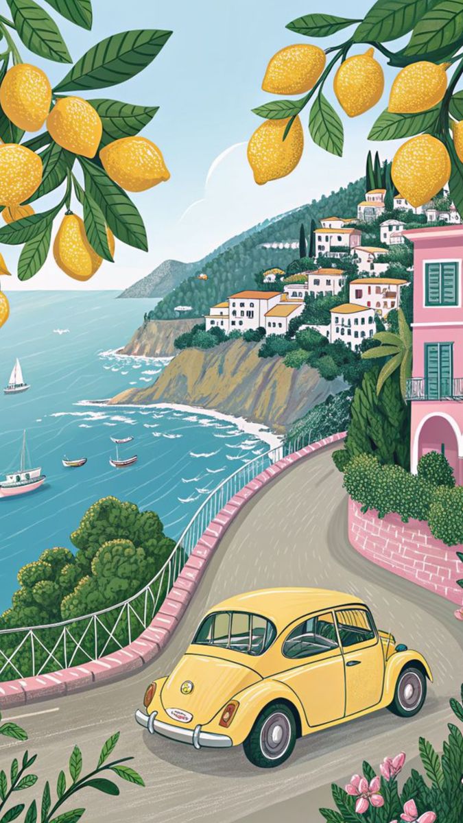 A Lemon-Framed Mediterranean Road Trip Illustration visual reference