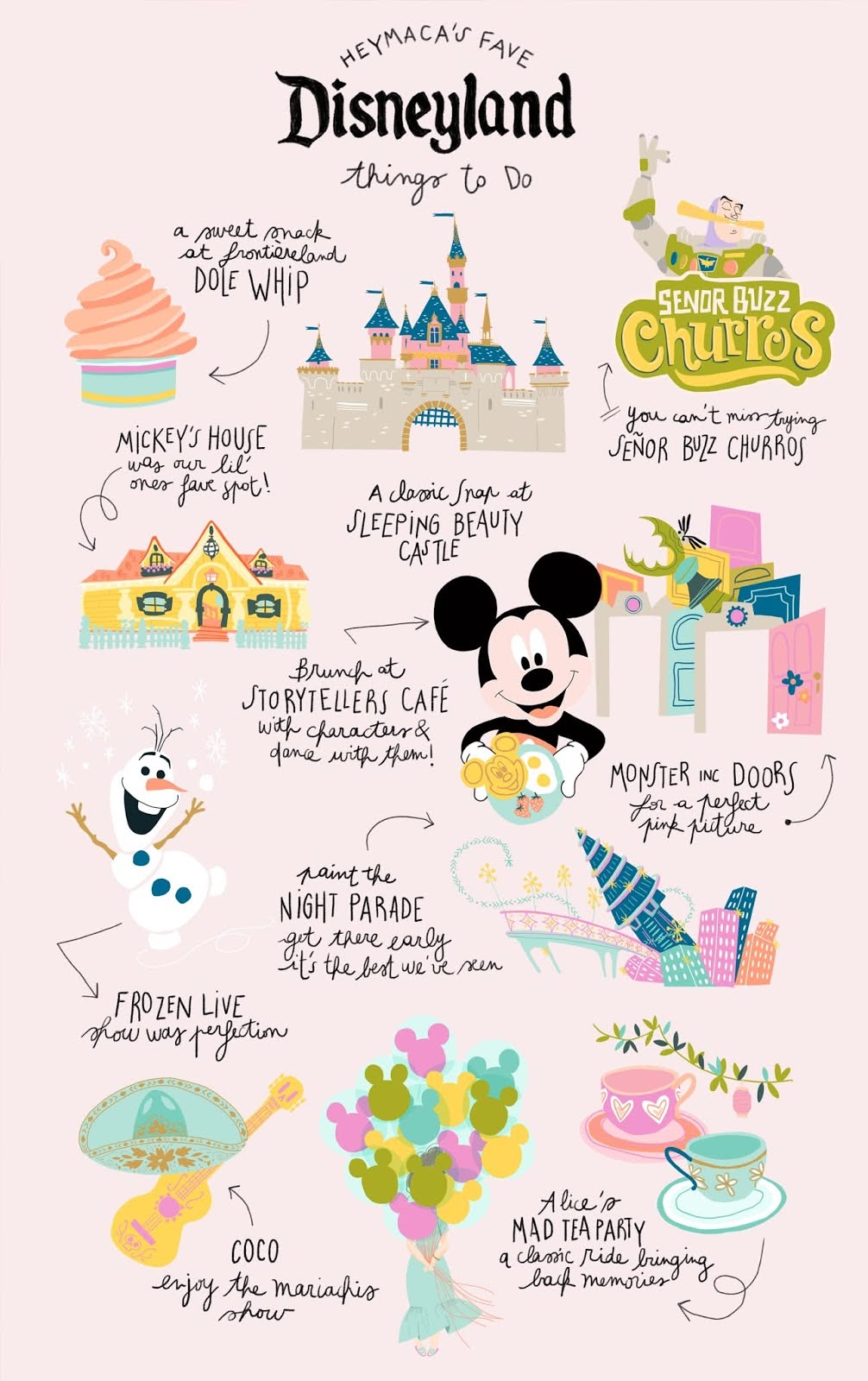 A Hand-Drawn Disneyland Things-to-Do Guide Full of Playful Detail visual reference