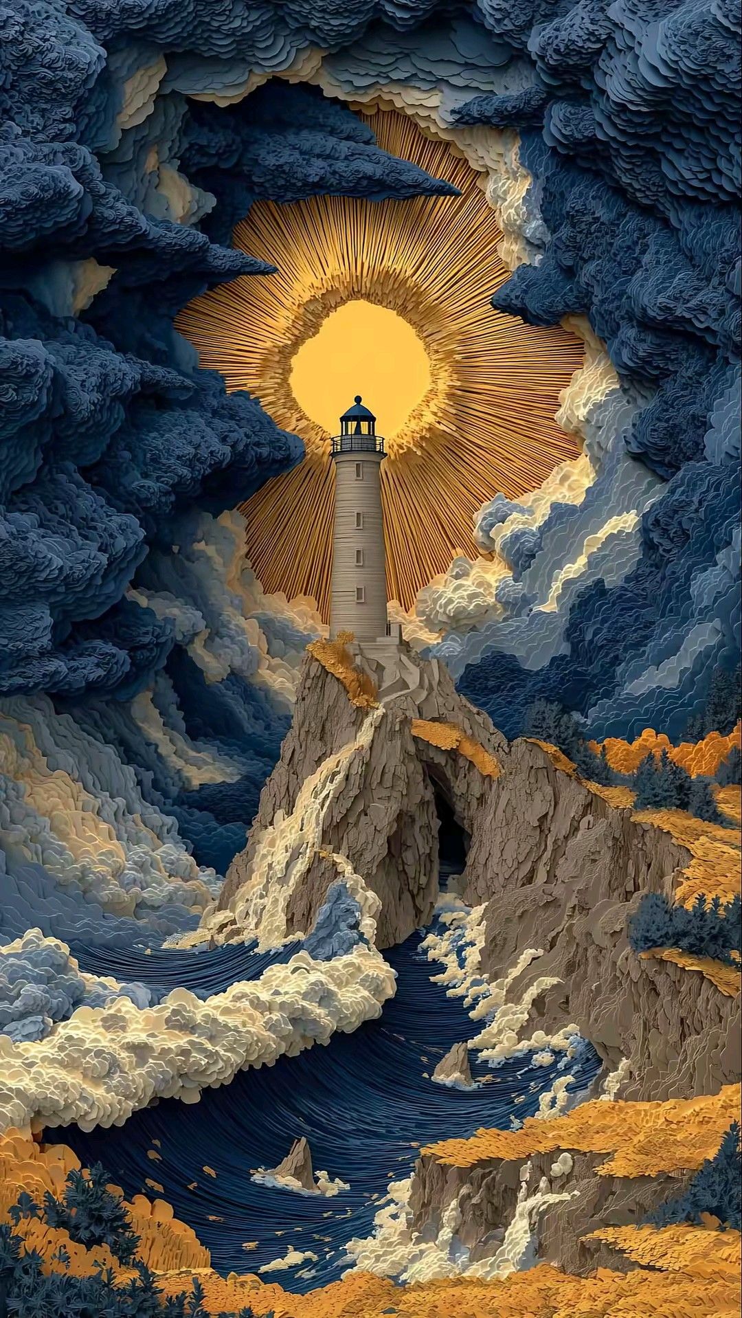 A Lighthouse Inside a Storm of Sculpted Clouds visual reference