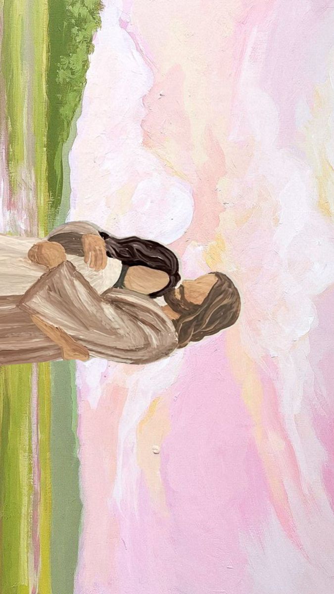 An Embracing Couple Under a Pink Sky: A Soft Romantic Painting visual reference