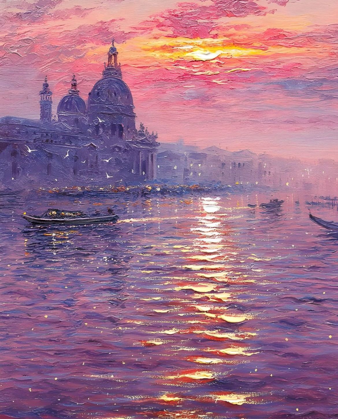 Pink and Violet Sunset over Venice in Thick Impasto visual reference