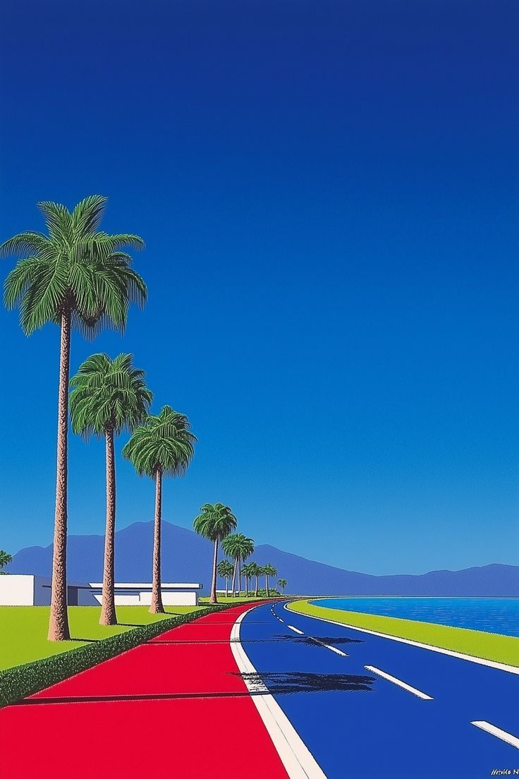 Palm-Lined Coastal Road in Primary Colors visual reference