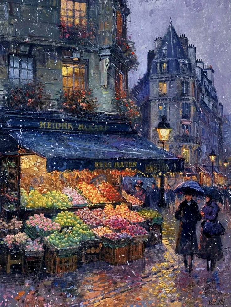 A Snowy Paris Flower Market Painting Full of Seasonal Romance visual reference