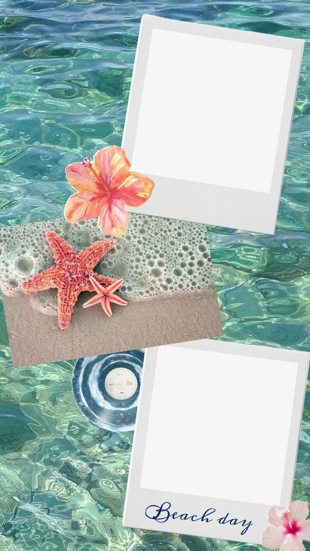 A Beach-Day Photo Collage Template with Water, Hibiscus, and Starfish visual reference