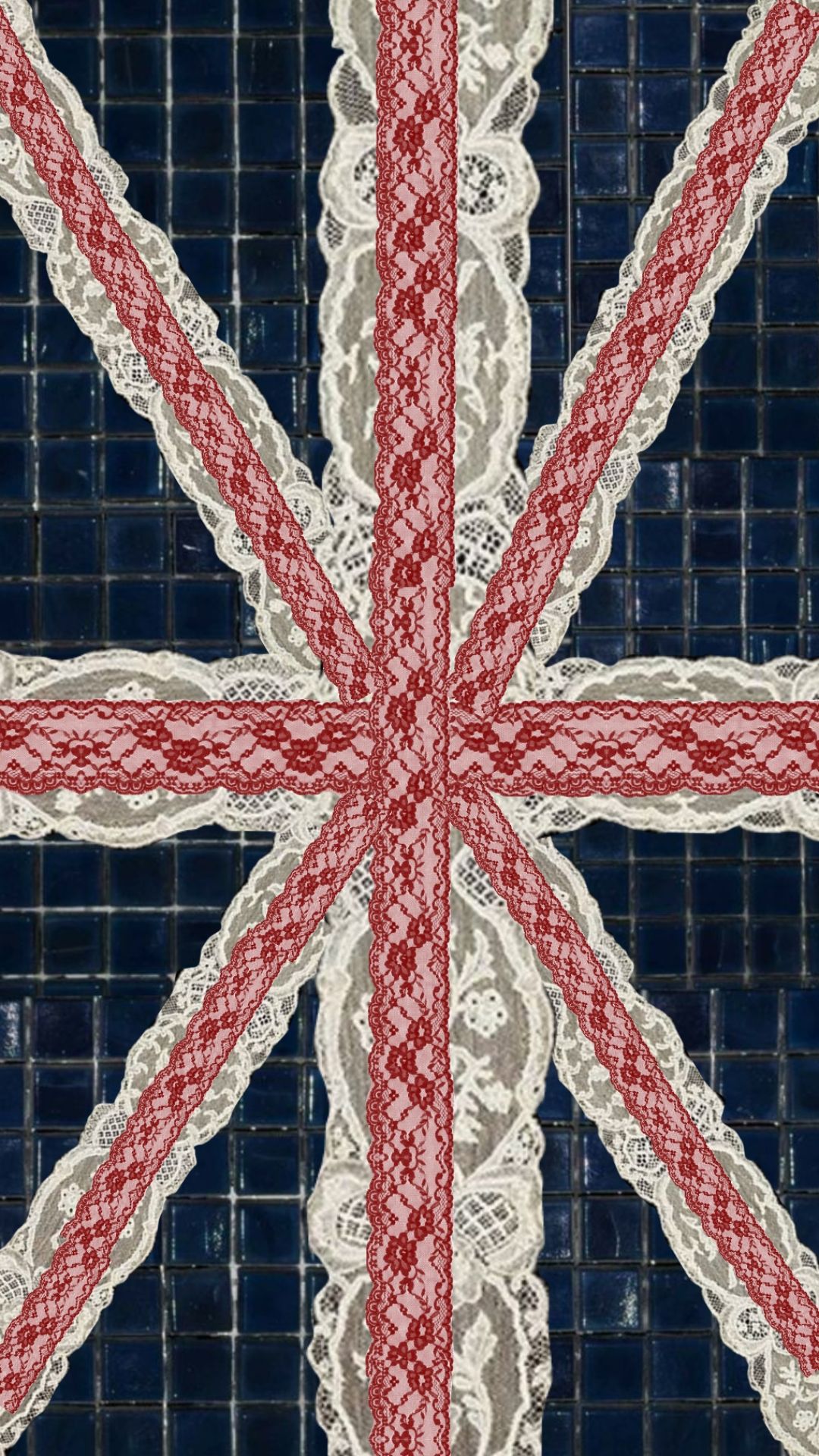 Red and White Lace Ribbons Against Deep Blue Tile visual reference
