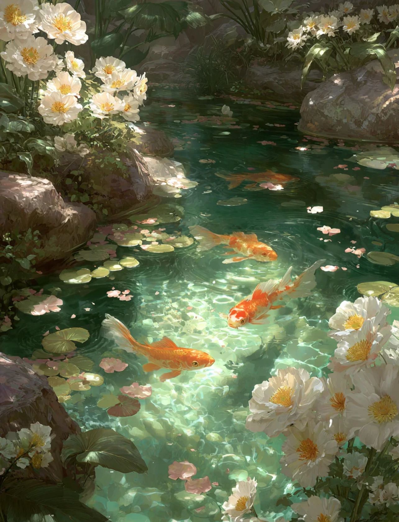 A Sunlit Koi Pond Surrounded by White Flowers visual reference