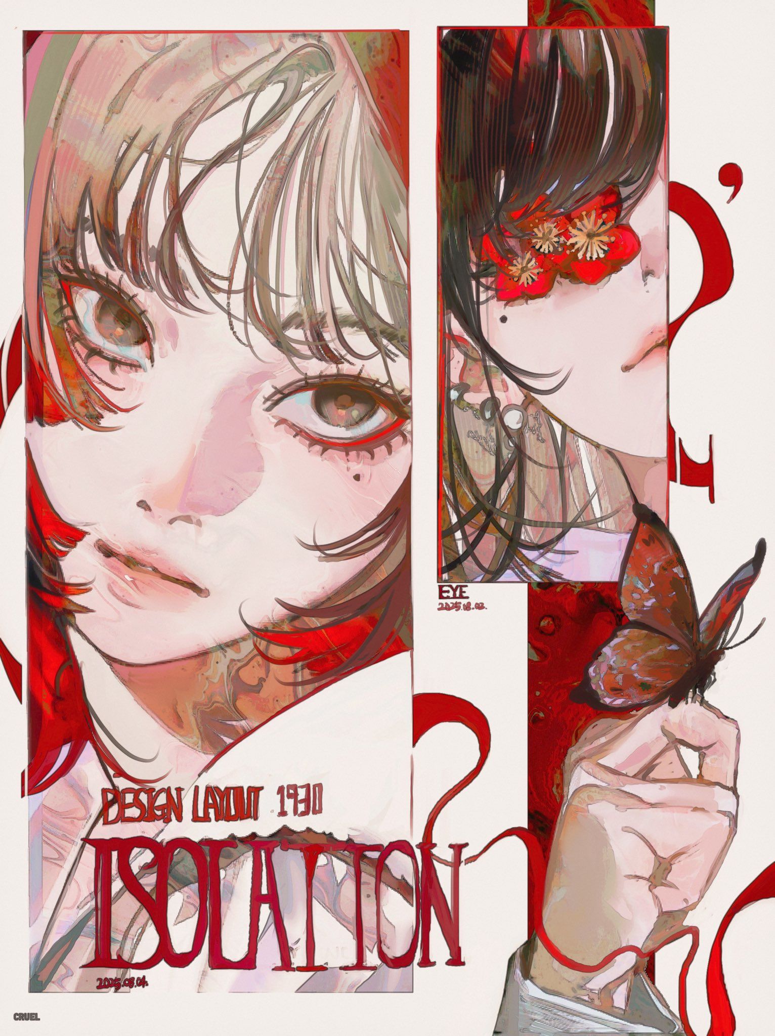Red-and-Pink Anime Portrait Poster: Fragmentation, Eyes, and Butterfly Symbolism visual reference