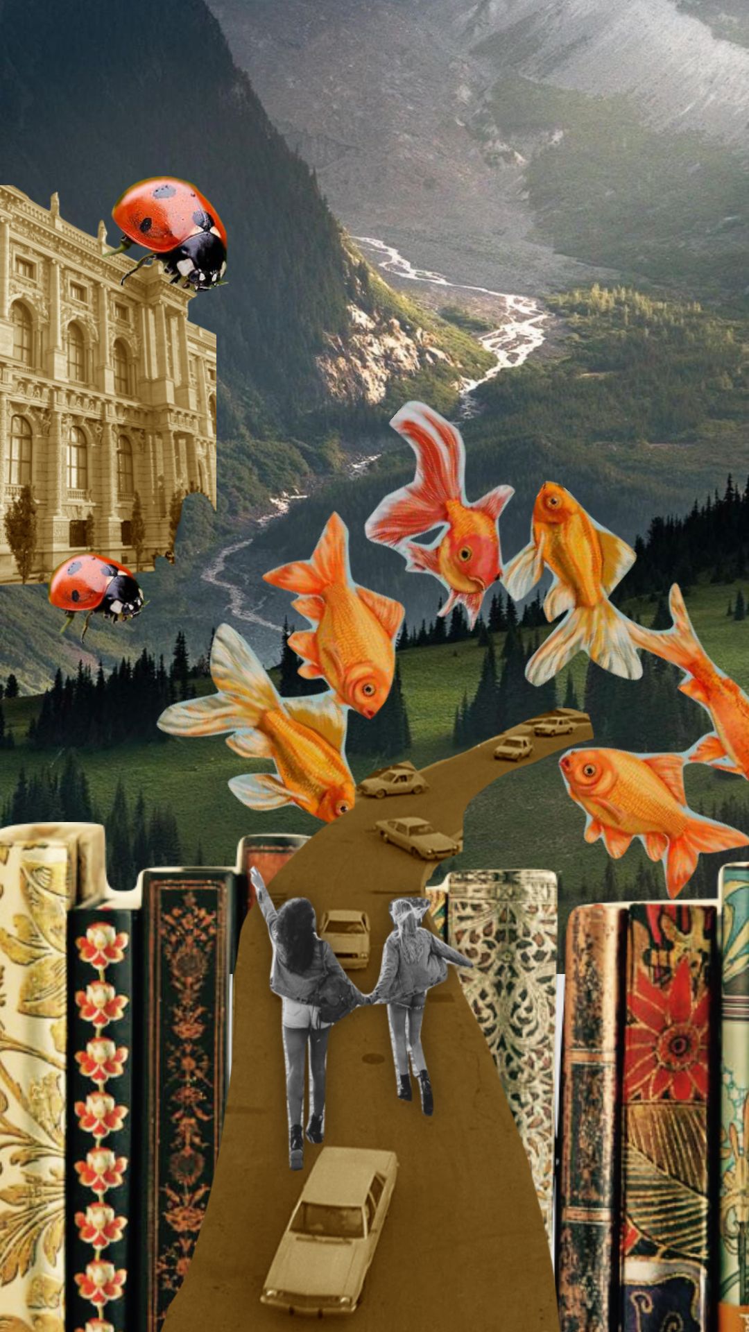 A Surreal Collage of Goldfish, Roads, Books, Mountains, and Memory visual reference