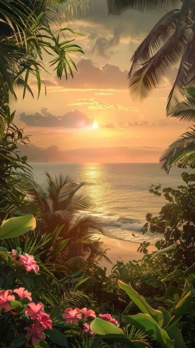 Tropical Beach Sunset Framed by Palms and Pink Flowers visual reference