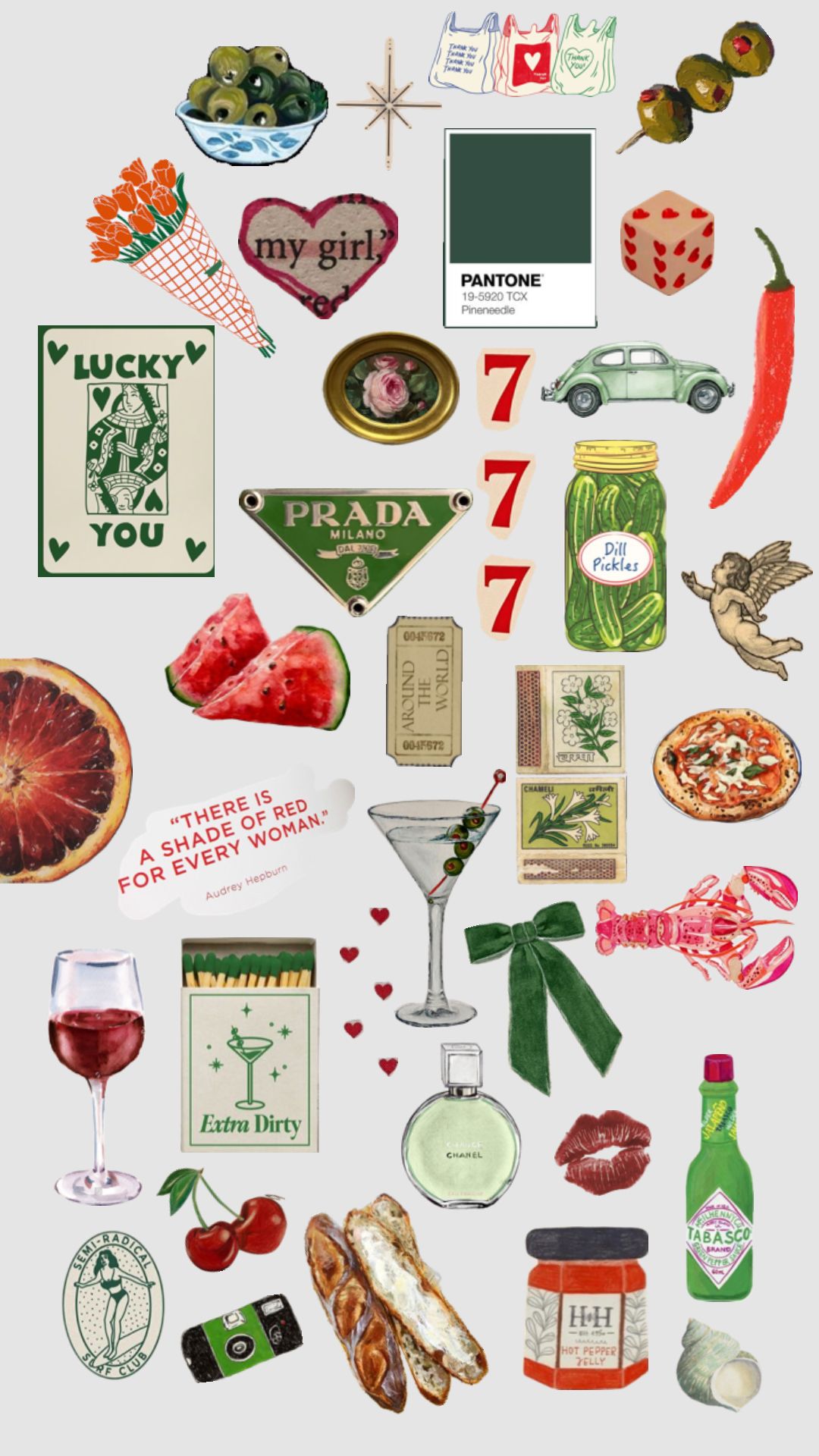 A Vintage Food-and-Lifestyle Sticker Collage in Red and Green visual reference