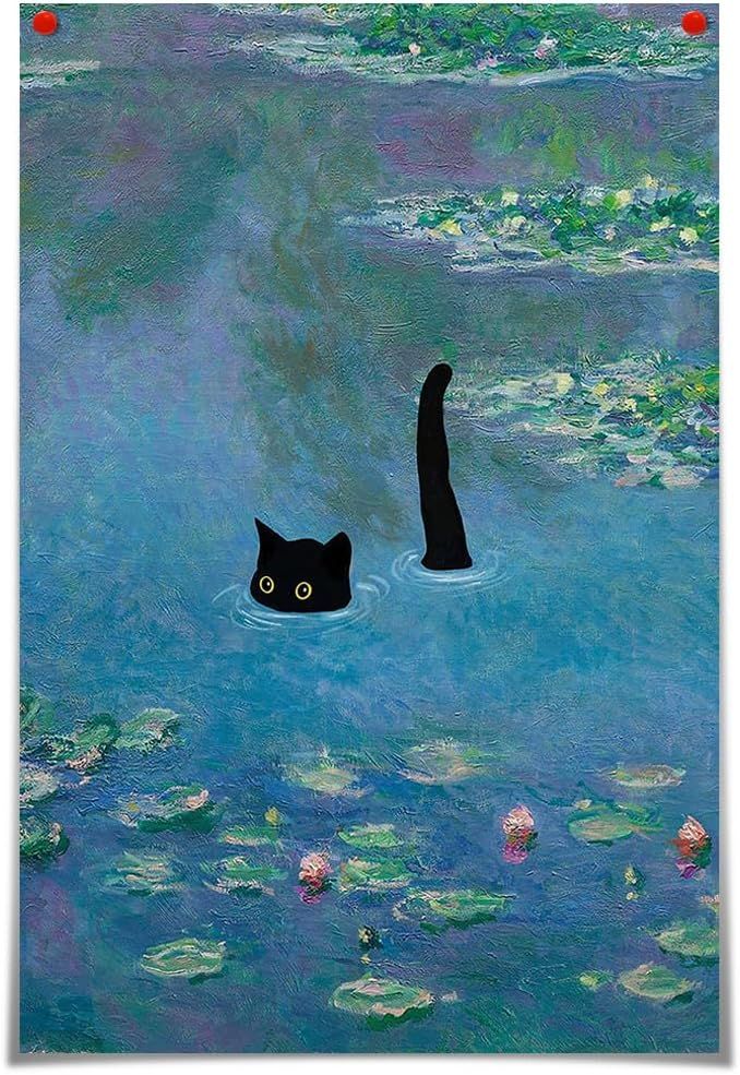 A Black Cat in a Monet-Like Pond: Humor Inside Fine-Art Style visual reference