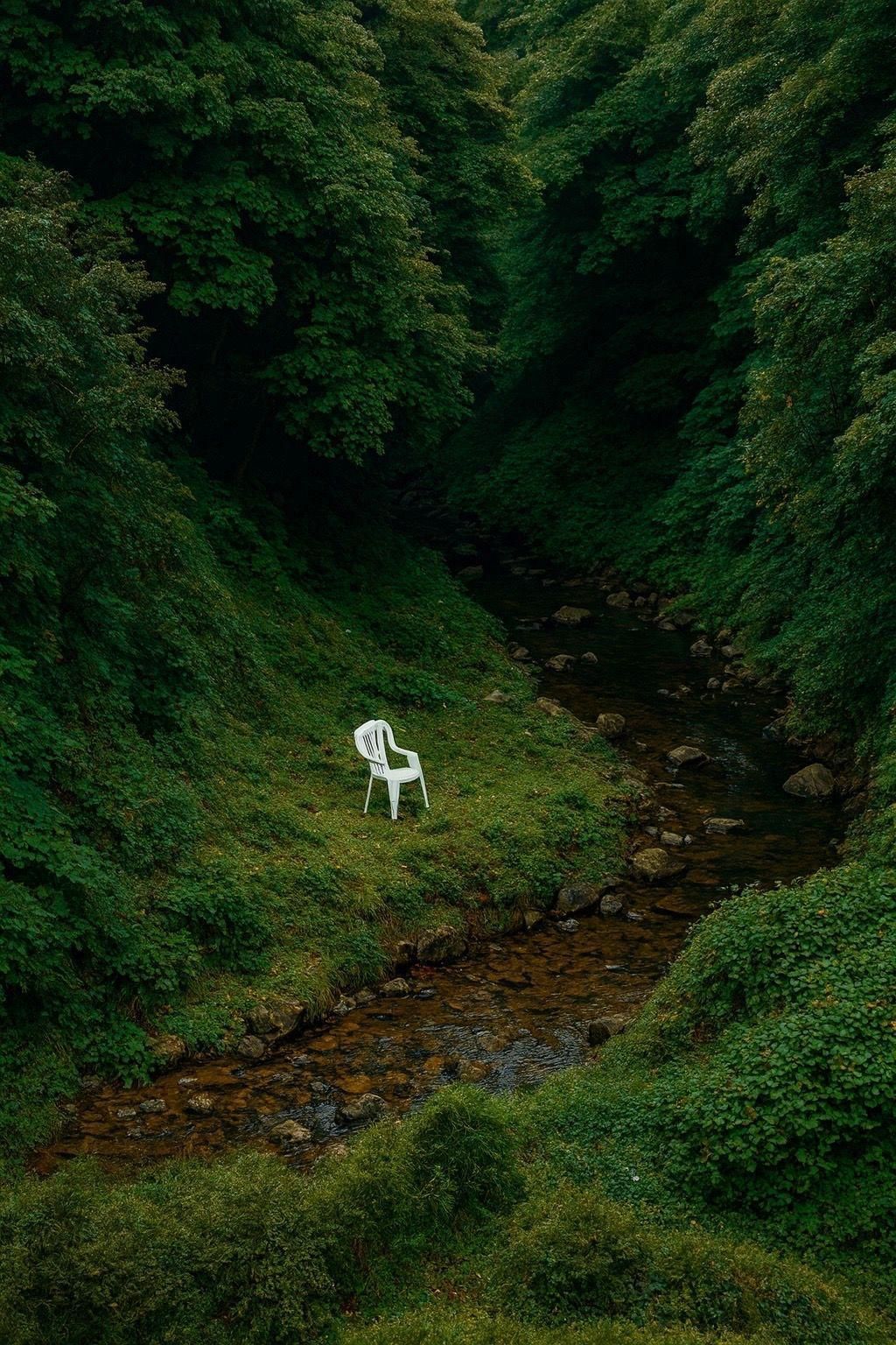 A Single White Chair Beside a Forest Stream: Solitude in Landscape Photography visual reference