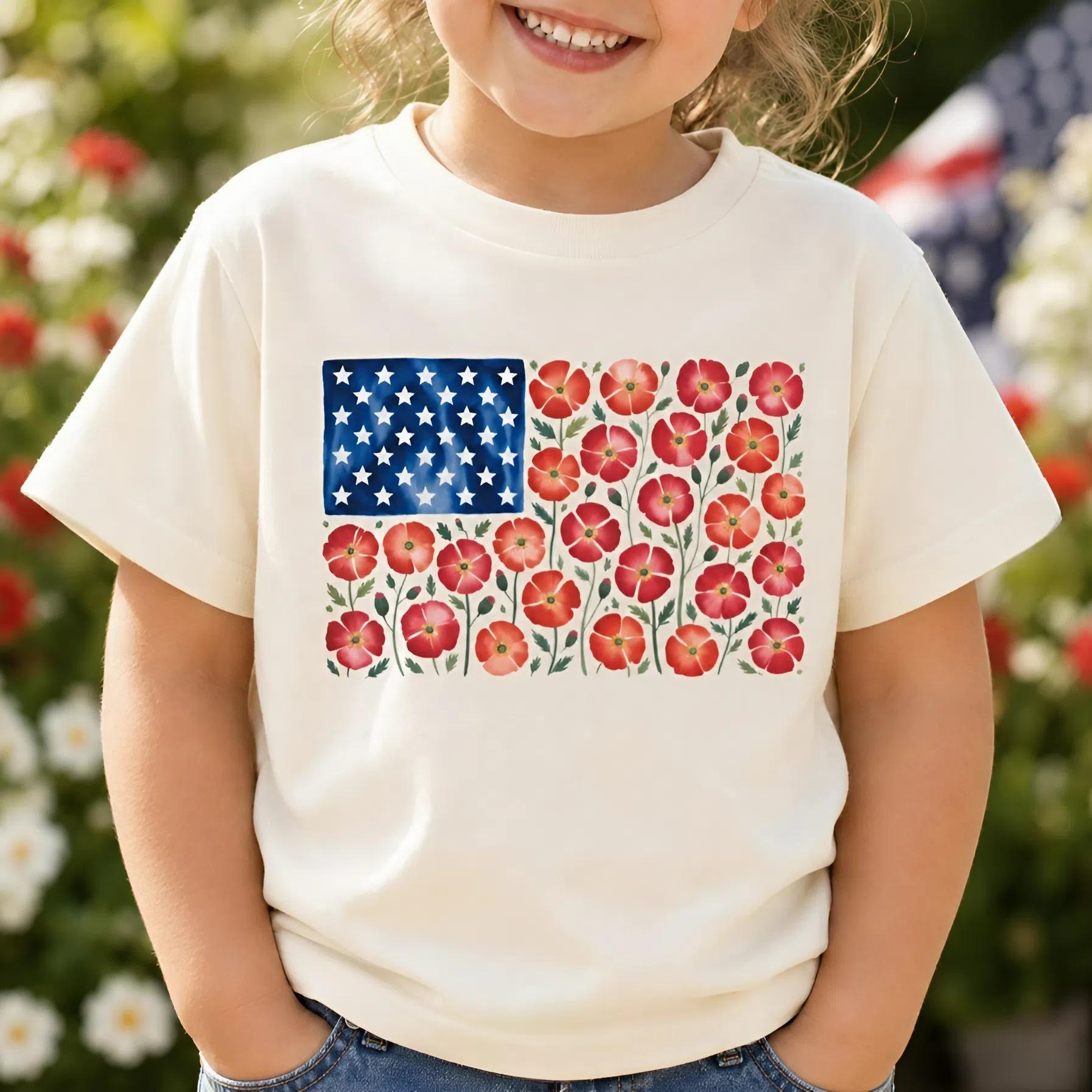 Floral American Flag T-Shirt, Patriotic USA Flower Tee, 4th Of July Independence Day, Cute Retro Summer Shirt, Vacation Shirt, Gift for Boys Girls, Unisex Graphic Tee, Trending Tee