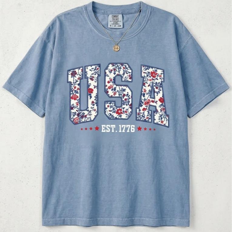 USA Shirt, Floral America Shirt, Fourth of July Shirt, 4th of July Tee, Patriotic Women Shirt, USA Est 1776 Shirt – DarkFlex