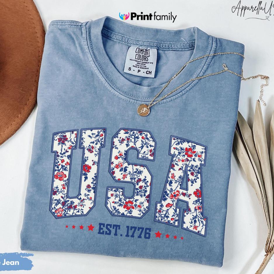 USA Shirt, Flower USA Shirt, United States Shirt, 4th of July Shirt, Floral Patriotic Shirt, USA Shirt, American Flag Shirt – Printfamily