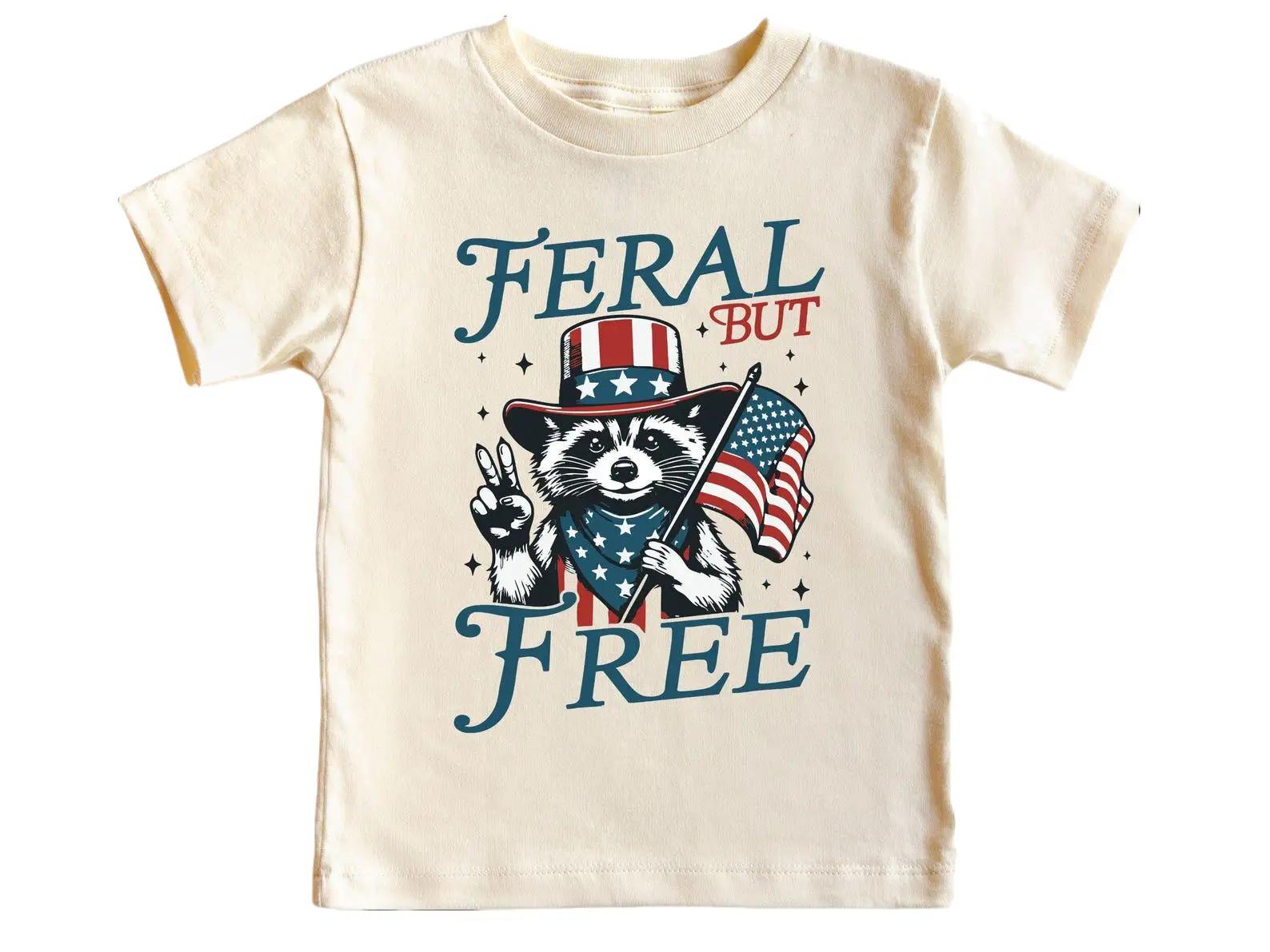 Feral But Free Shirt, Funny 4th of July Tee, Patriotic Raccoon T-Shirt, Cute USA Flag Youth Top, Independence Day Graphic Tee