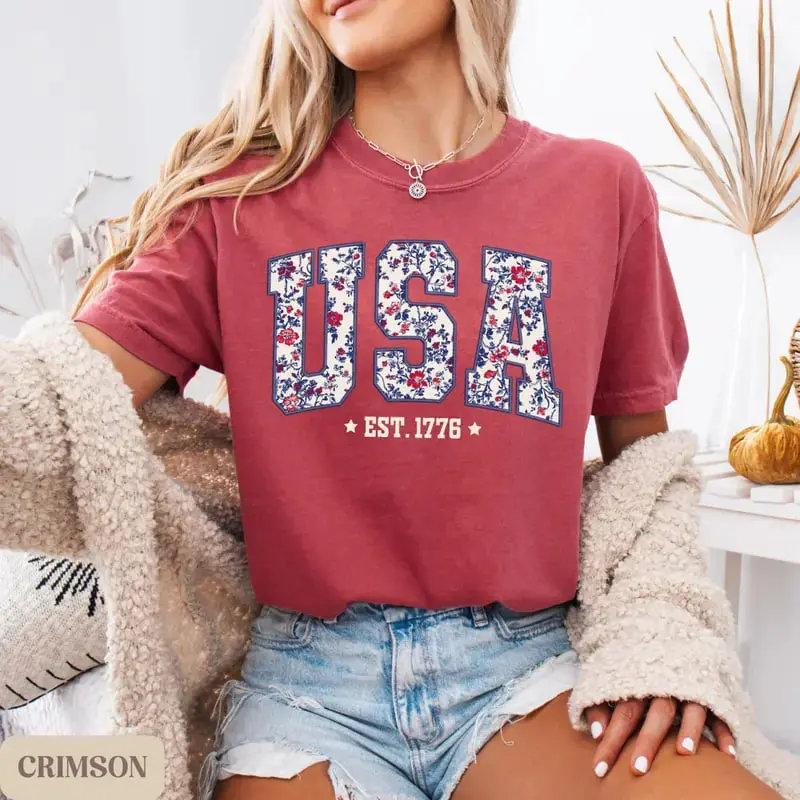 USA Shirt, 4th of July shirt, floral USA tee, summer patriotic shirt for women, America est 1776 shirt-DarkFlex