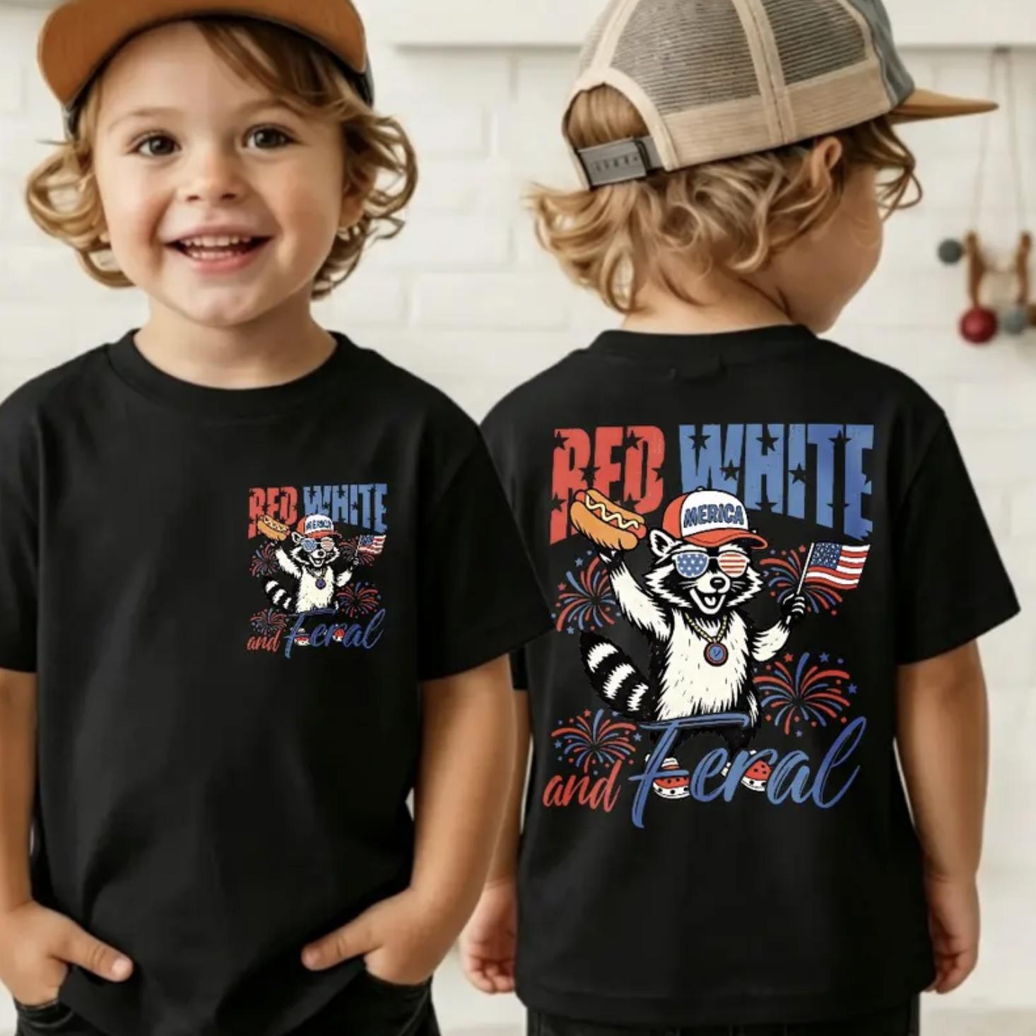 Double-sided Red White And Feral Raccoon 4th Of July Youth Shirt, Patriotic Raccoon With Hot Dog Sunglasses Tee, Funny Independence Day Shirt For Boys And Girls