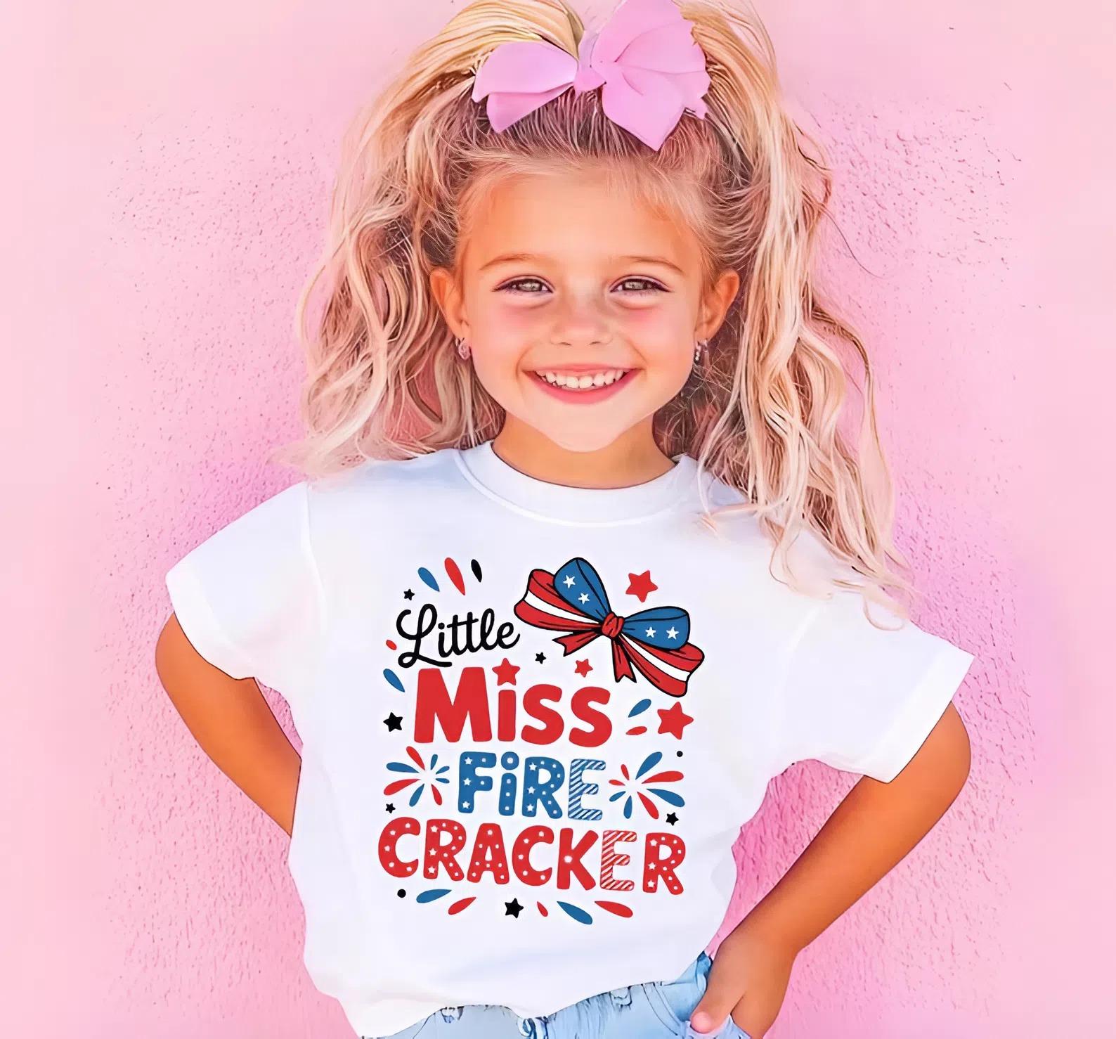 Little Miss Firecracker Shirt, 4th of July Youth Tee, Toddler Girl Patriotic T-Shirt, Independence Day Outfit, Red White and Blue Girl, 250 Anniversary USA Shirt, Independence Day Tee, Youth and Adult T-shirt, Matching Family clothing