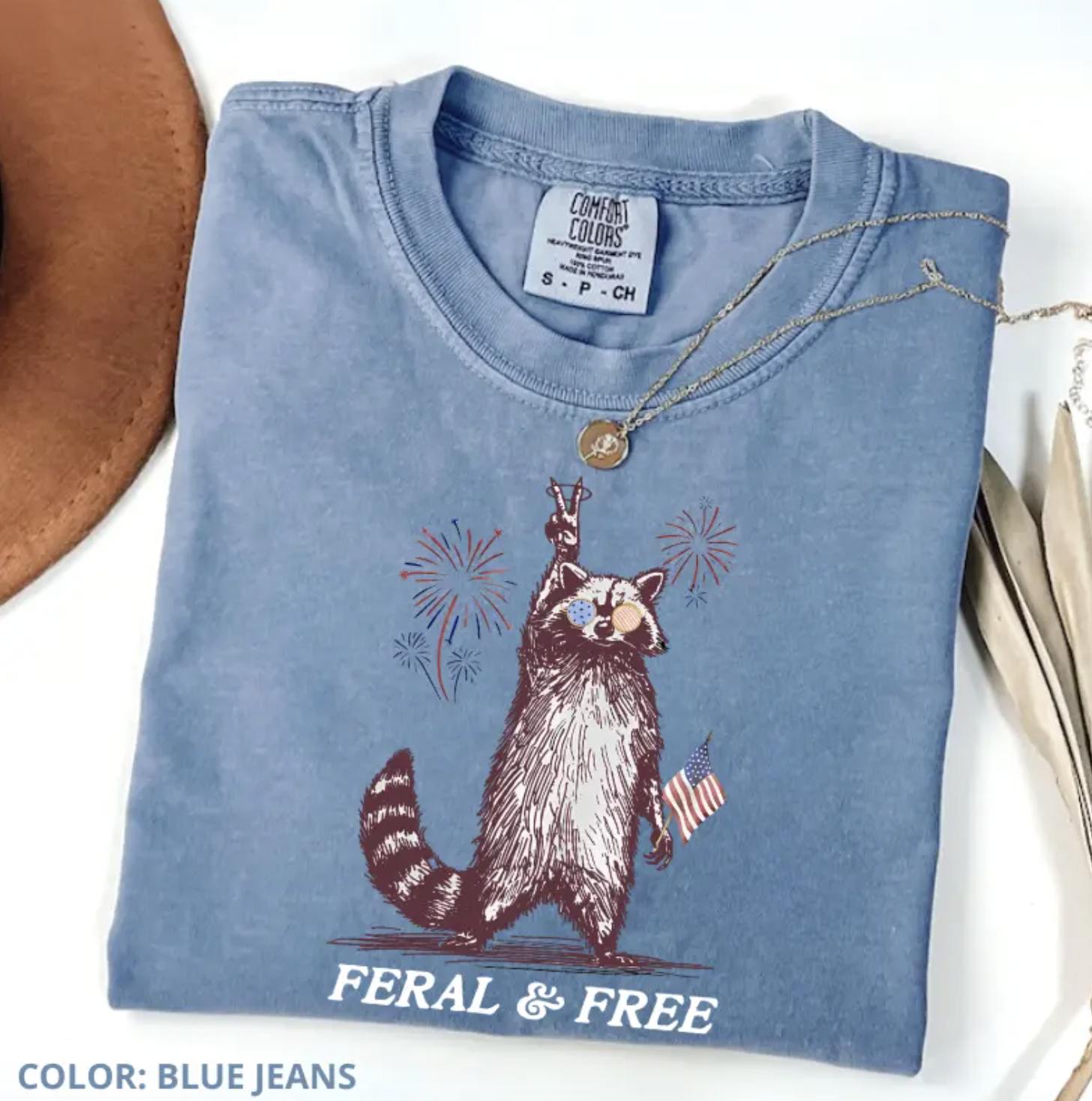 Vintage Feral And Free T-shirt, Funny USA Raccoon Shirt, 4th Of July Womenswear, Patriotic 4th Of July Graphic Tee, Full Colors, Full Sizes