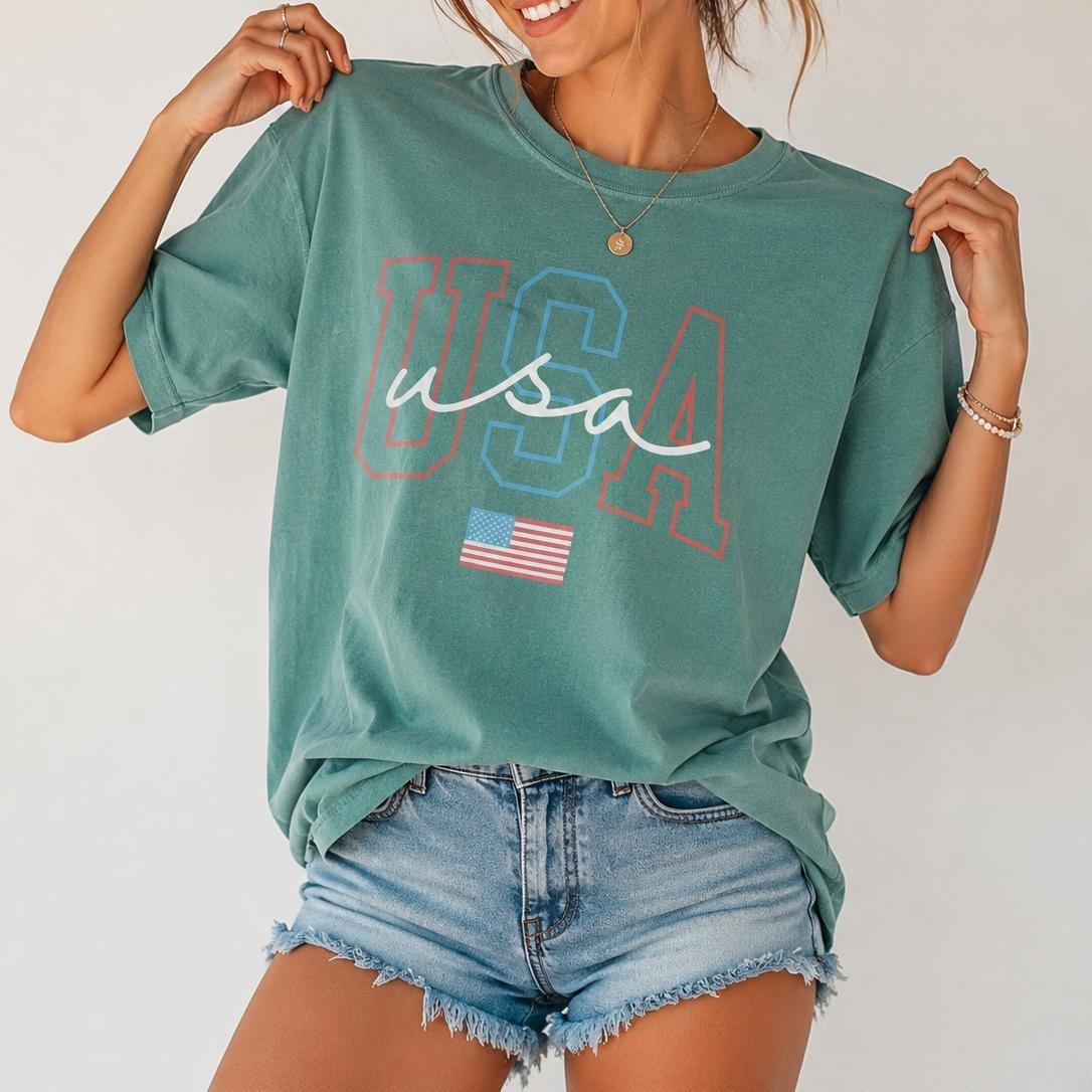 USA Shirt, 4th of July Women’s Tee, Patriotic American T-Shirt, July 4th Outfit, Soft Cotton Summer Shirt, Vintage USA Flag Graphic Tee, Independence Day Apparel for Women -DPCLICK