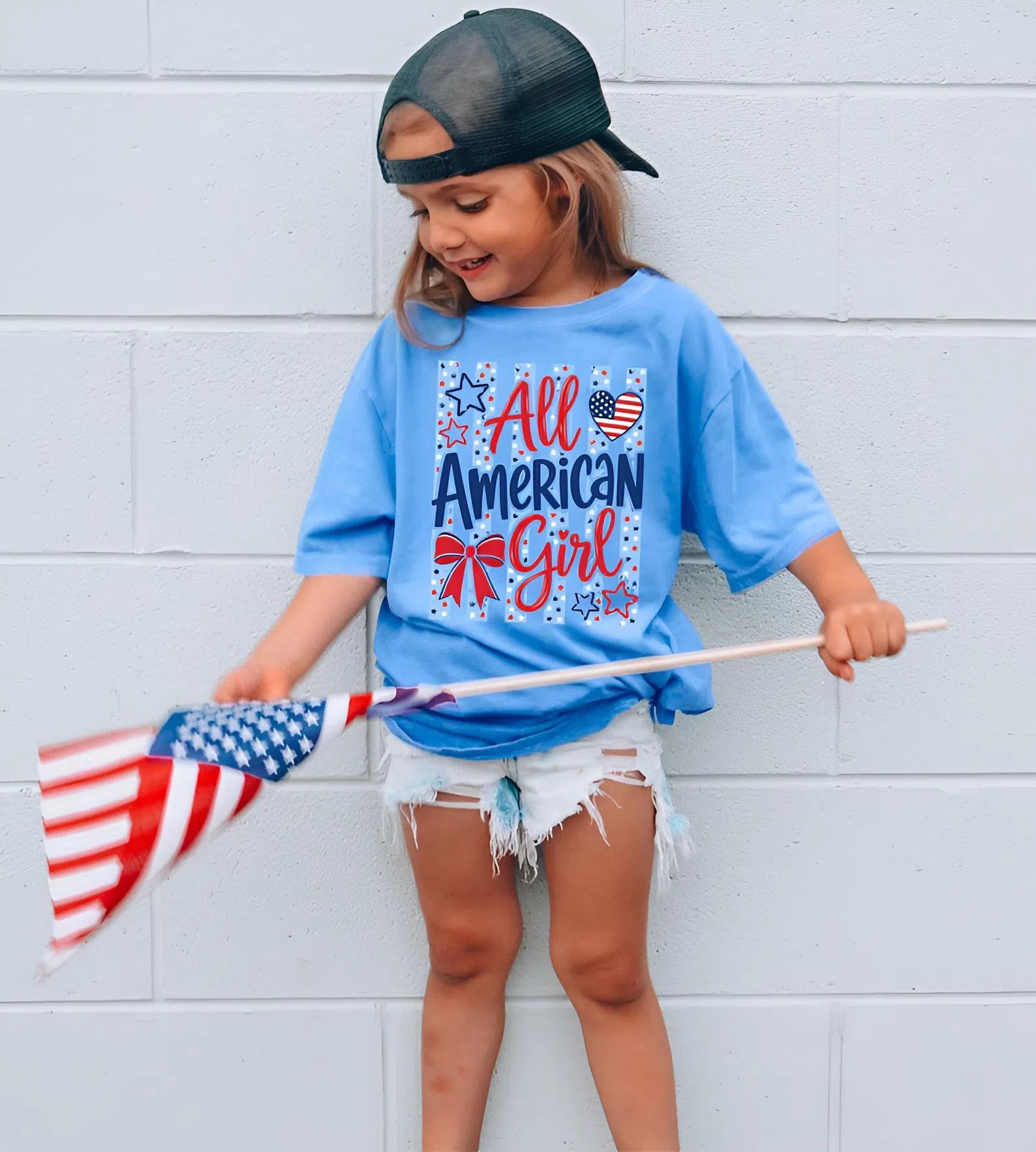 Girl’s 4th of July Shirt, Youth All American Girl, Coquette Fourth of July Tee, Patriotic Gift, Preppy Red White and Blue, 250 Anniversary USA Shirt, Independence Day Tee, Youth and Adult T-shirt, Matching Family clothing