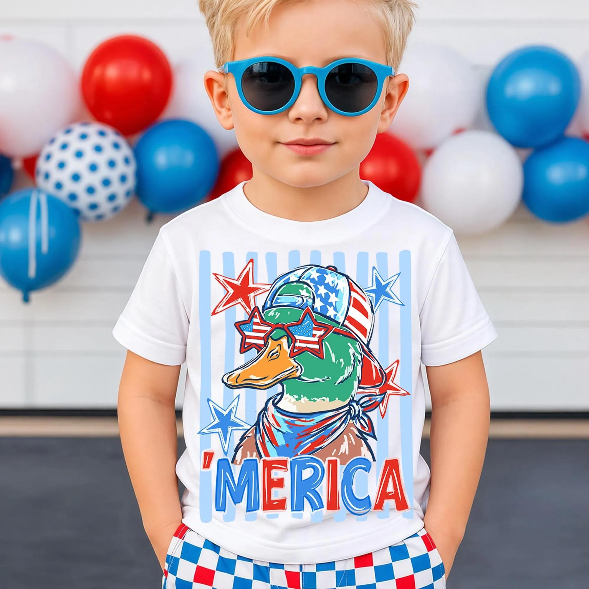 Merica Duck Youth/Adult T-Shirt, Funny 4th of July Patriotic Tee, Vintage American Flag Duck Shirt, USA Independence Day Graphic Shirt for all ages