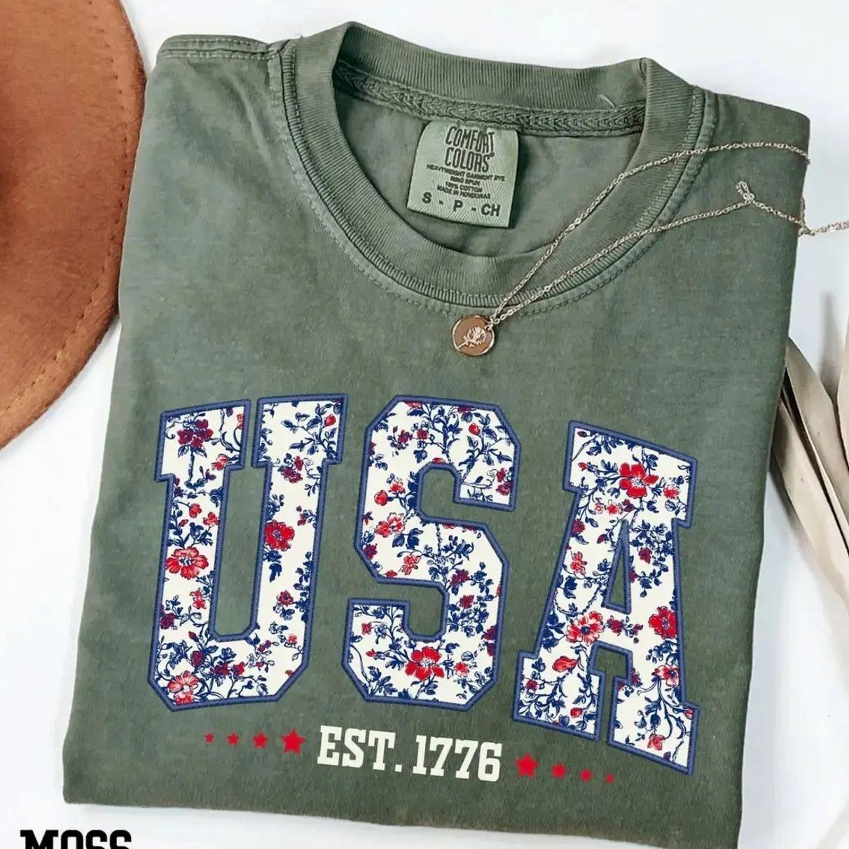 USA Shirt, Floral America Shirt, Fourth of July Shirt, 4th of July Tee, USA Est 1776 Tee – Graphic Tee, Casual Outfit, Comfortable Menswear & Womenswear Top, May1