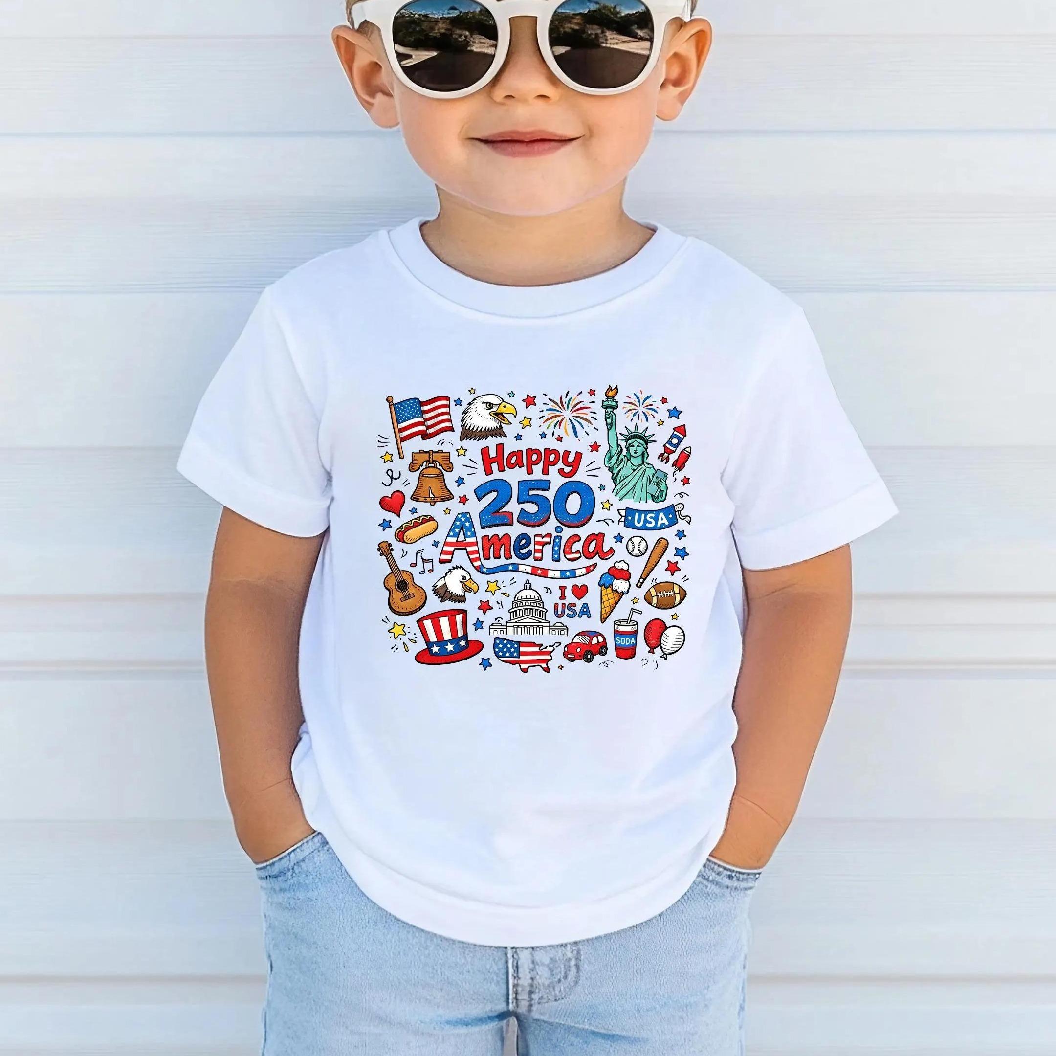 Happy 250 Anniversary Youth T-Shirt, 1776-2026 USA 250th Anniversary Shirt, Youth Doodle Patriotic USA Tee, Shirt for Boys, Girls