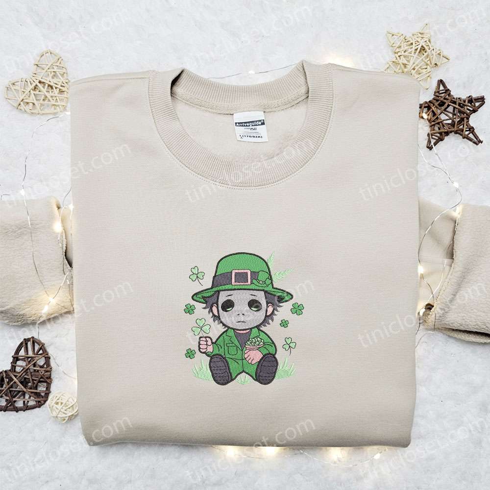 Chibi Michael Myers Shamrock Embroidered Shirt, Saint Patrick?? Day Embroidered Hoodie, Best Holiday Gift Ideas