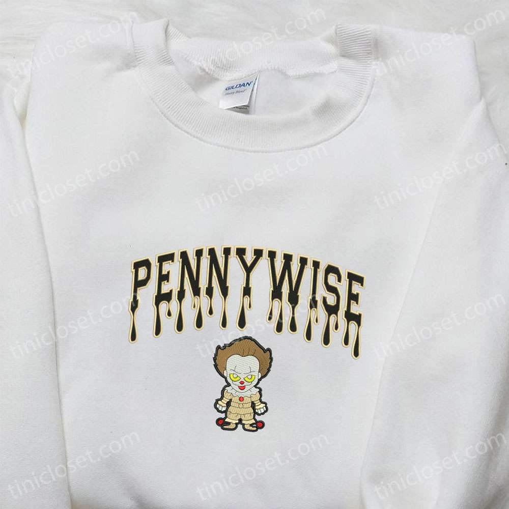 Chibi Pennywise Embroidered Shirt, Spooky Halloween Embroidered Hoodie, Funny Halloween Embroidered Shirt