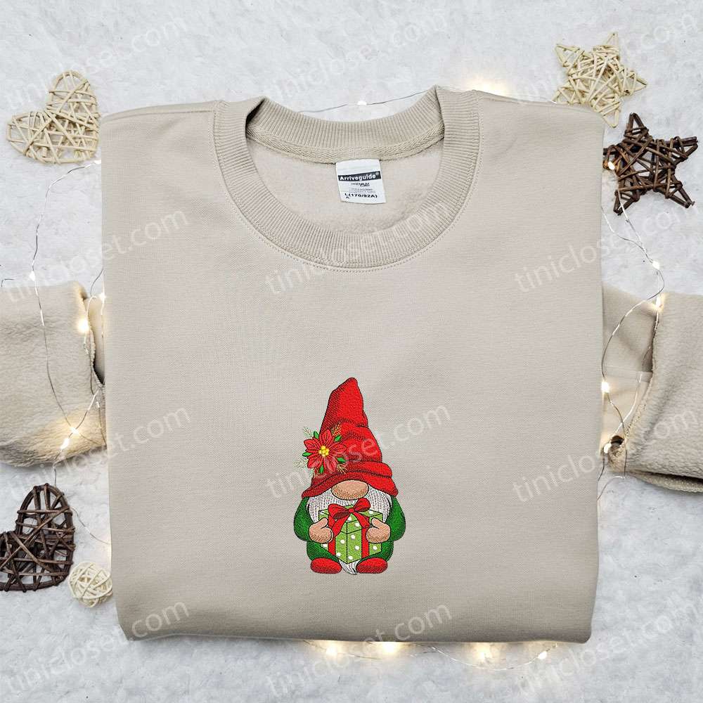 Christmas Gnome Gift Box Embroidered Hoodie, Christmas Embroidered Sweatshirt, Best Christmas Gift Ideas