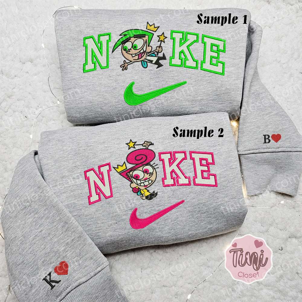 Cosmo And Wanda x Nike Couple Embroidered Shirt, Cartoon Embroidered Hoodie, Valentine?s Day Embroidered Sweatshirt