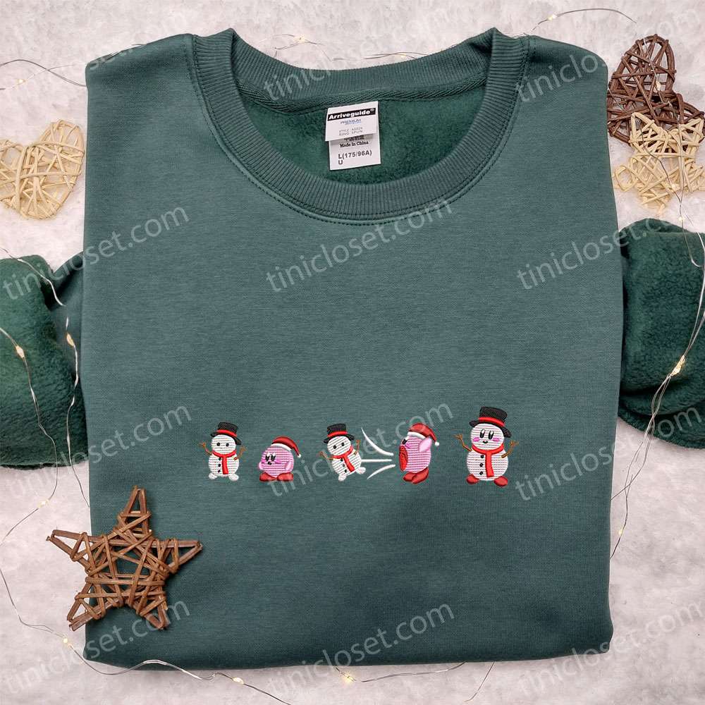 Kirby Eating Snowman Embroidered Shirt, Game Character Embroidered Hoodie, Christmas Embroidered Sweatshirt