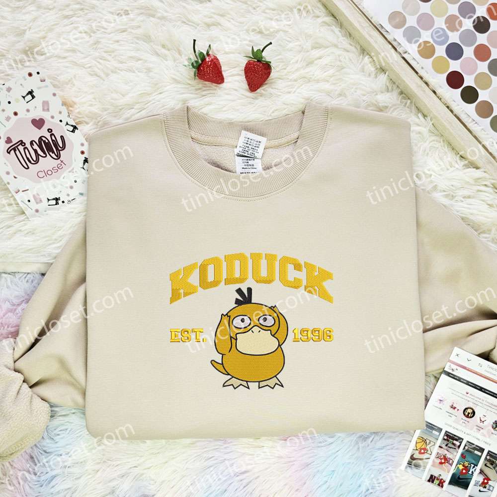 Koduck Embroidered Shirt, Pokemon Embroidered Hoodie, Anime Embroidered Sweatshirt