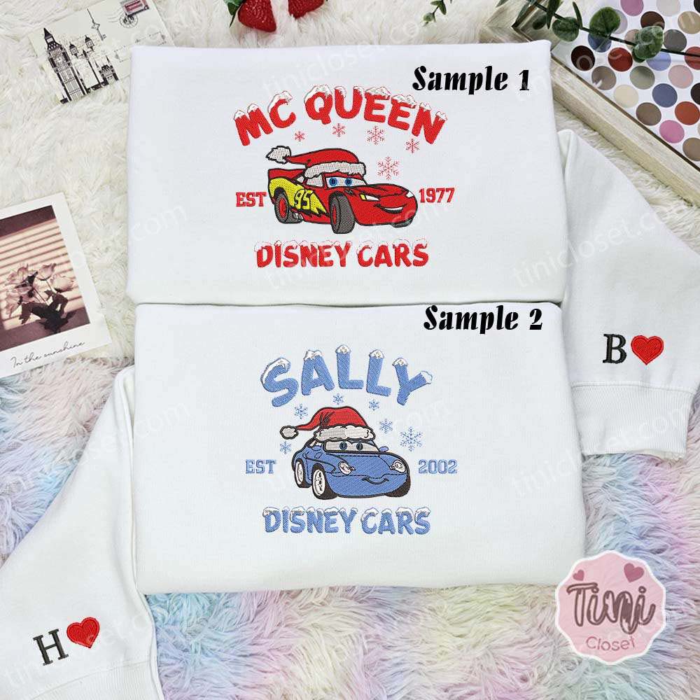 McQueen And Sally Christmas Cars Disney Characters Embroidered Couples Shirts