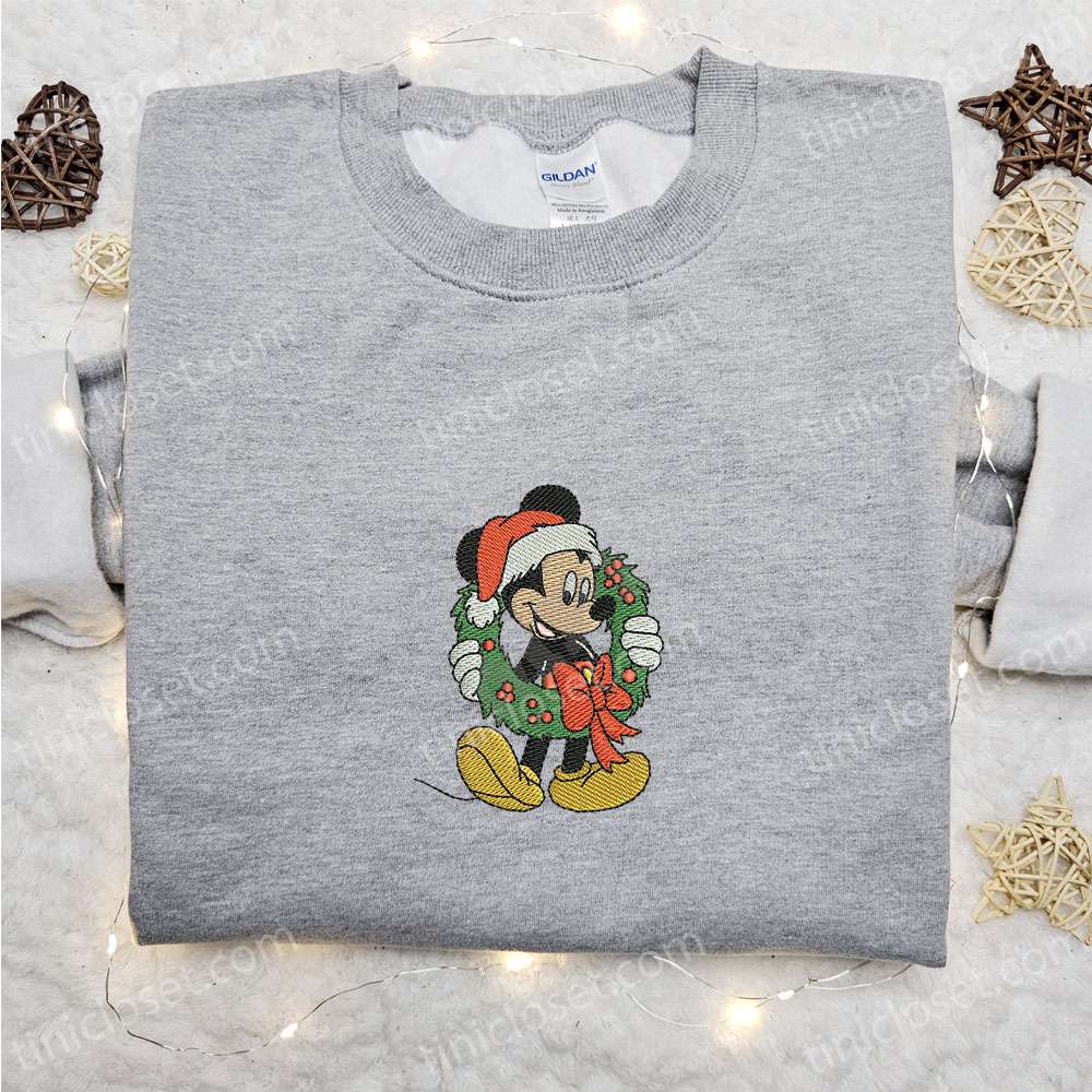 Mickey Christmas Wreath Embroidered Shirt, Disney Characters Embroidered Hoodie, Best Christmas Gifts For Family