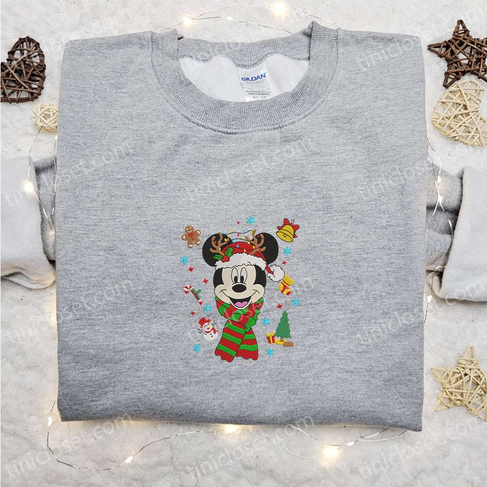 Mickey Mouse Christmas Elements Embroidered Shirt, Disney Characters Embroidered Hoodie, Christmas Embroidered Sweatshirt