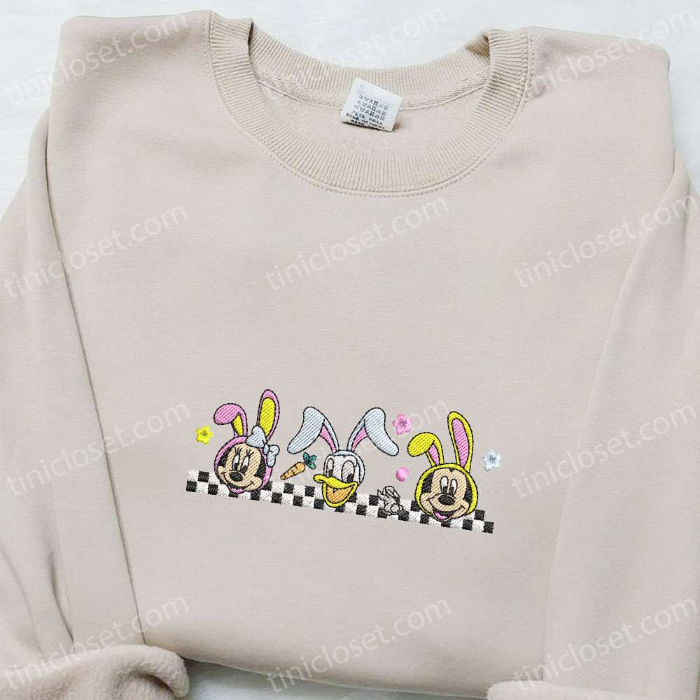 Minnie Donald And Mickey Easter Embroidered Shirt, Disney Characters Embroidered Hoodie, Thanksgiving Day Gift Ideas