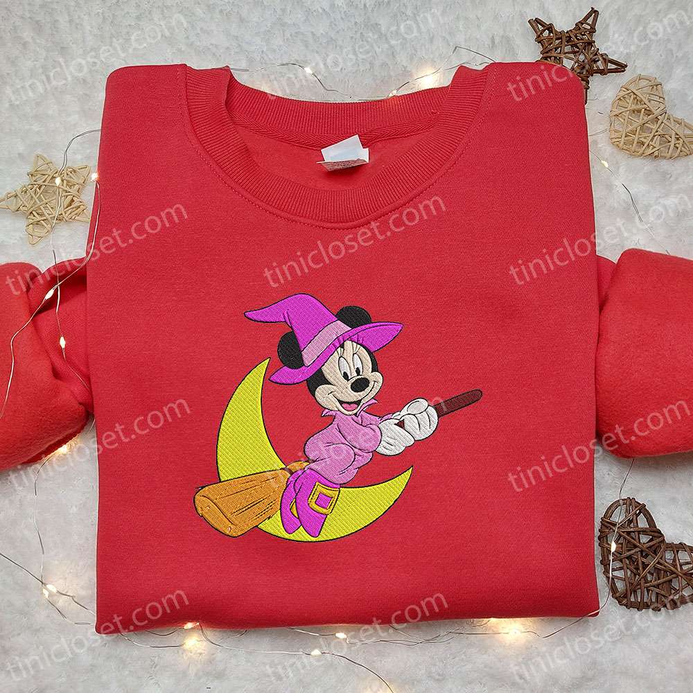 Minnie Mouse Witch Fly With Moon Embroidered Hoodie, Disney Character Embroidered T-shirt, Best Gift Ideas