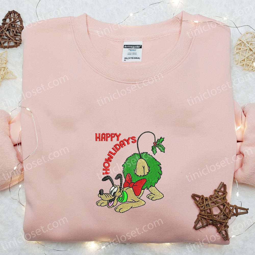 Pluto Happy Holiday Christmas Wreath Embroidered Shirt, Disney Characters Embroidered Hoodie, Christmas Embroidered Shirt