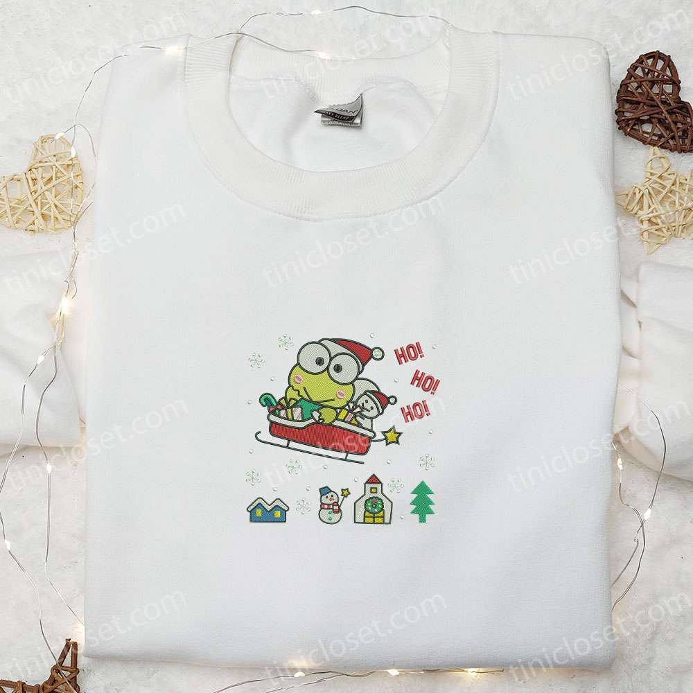 Santa Keroppi Embroidered Shirt, Cartoon Embroidered Hoodie, Christmas Embroidered Shirt
