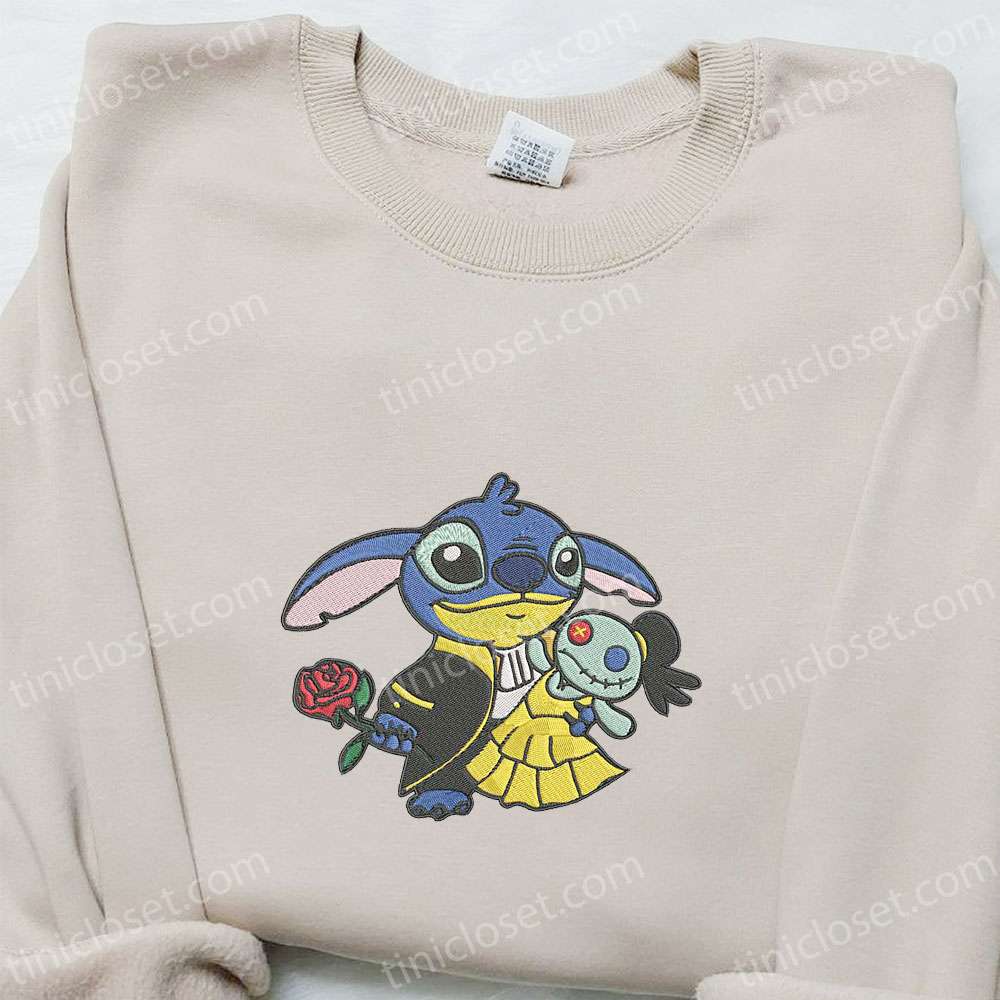 Stitch Beauty And The Beast Embroidered Shirt, Disney Characters Embroidered Hoodie, Best Halloween Gift Ideas