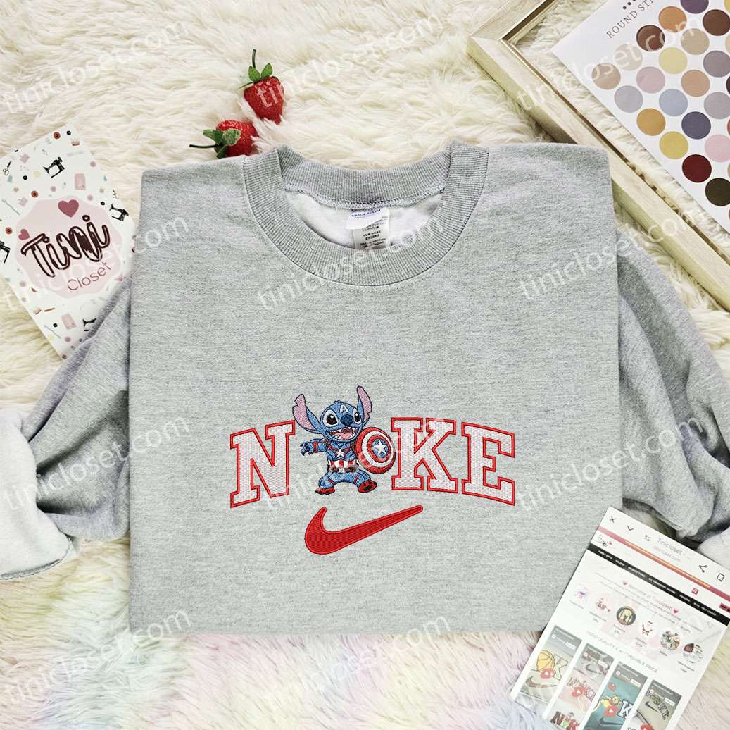 Stitch Captain America Embroidered Shirt, Movie Embroidered Hoodie, Disney Characters Embroidered T-Shirt