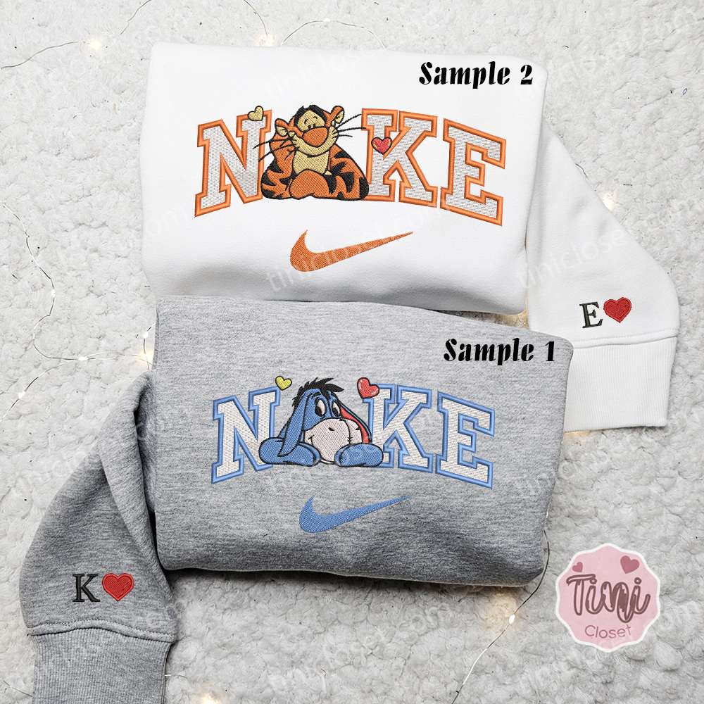Tigger And Eeyore x Nike Embroidered Couple Shirt, Disney Characters Embroidered Shirt, Nike Inspired Embroidered Hoodie