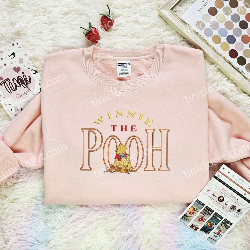 Winnie The Pooh With Blue Bird Embroidered Shirt, Disney Characters Embroidered Hoodie