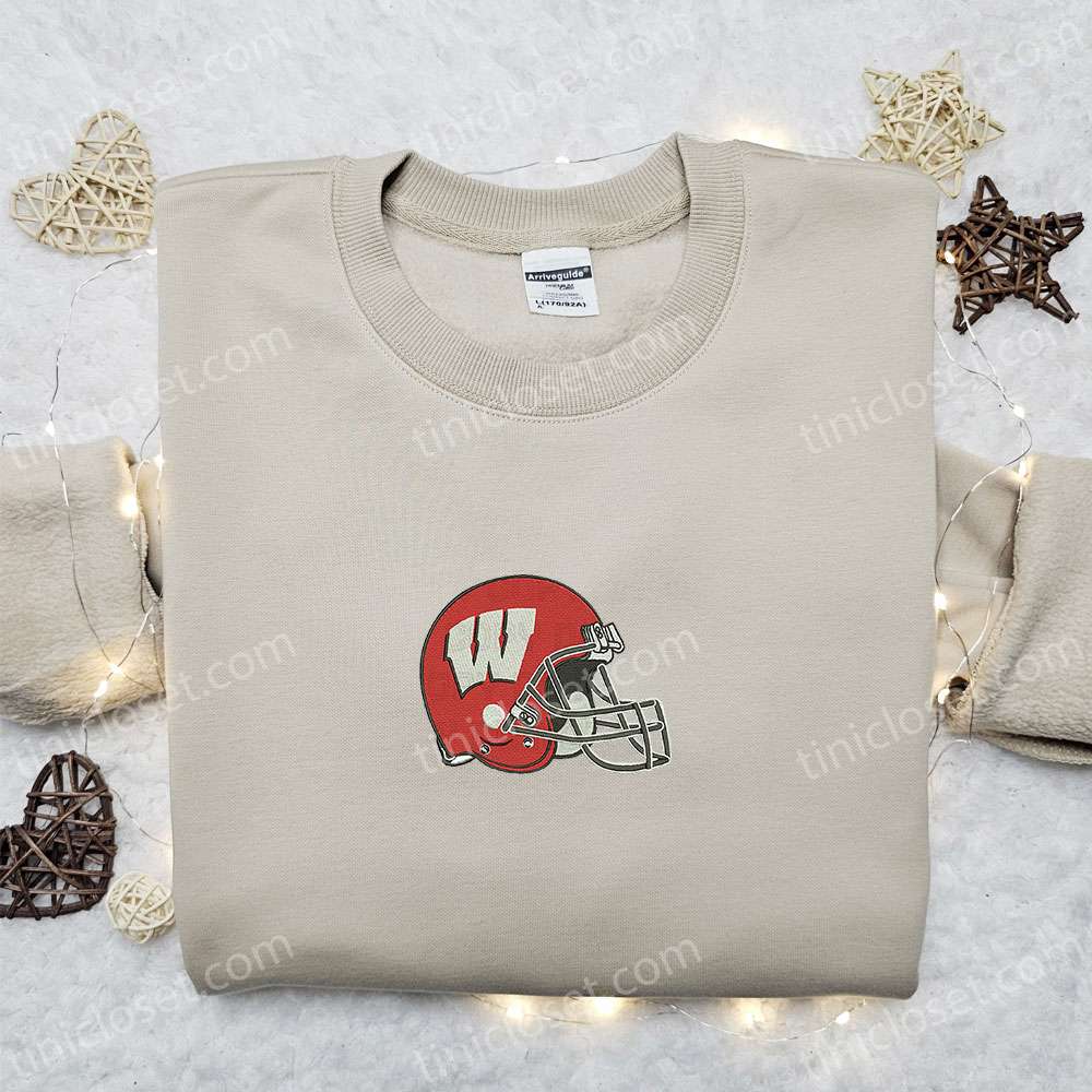 Wisconsin Badgers Helmet Embroidered Shirt, NCAA Sports Embroidered Shirt, Best Gift Idea