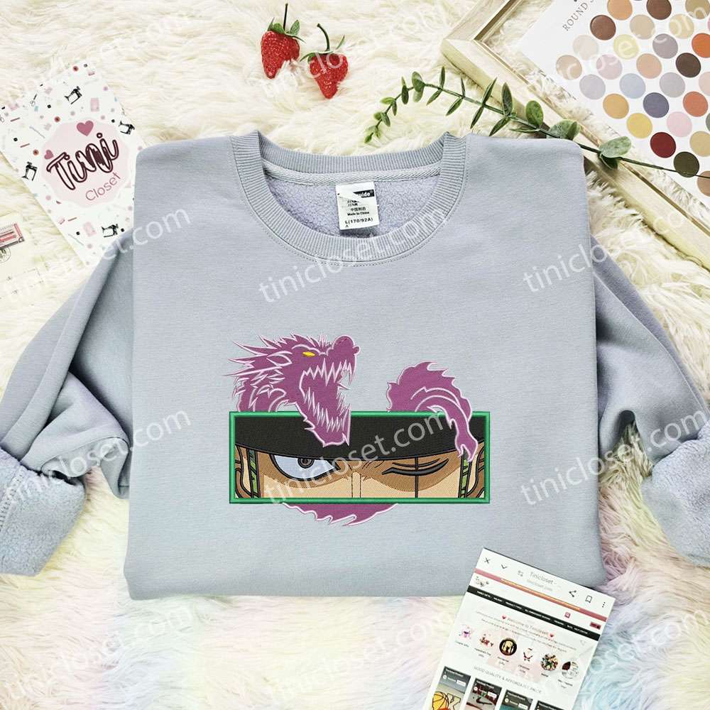 Zoro Eyes Purple Dragon Embroidered Shirt, One Piece Embroidered Hoodie, Anime Embroidered Sweatshirt