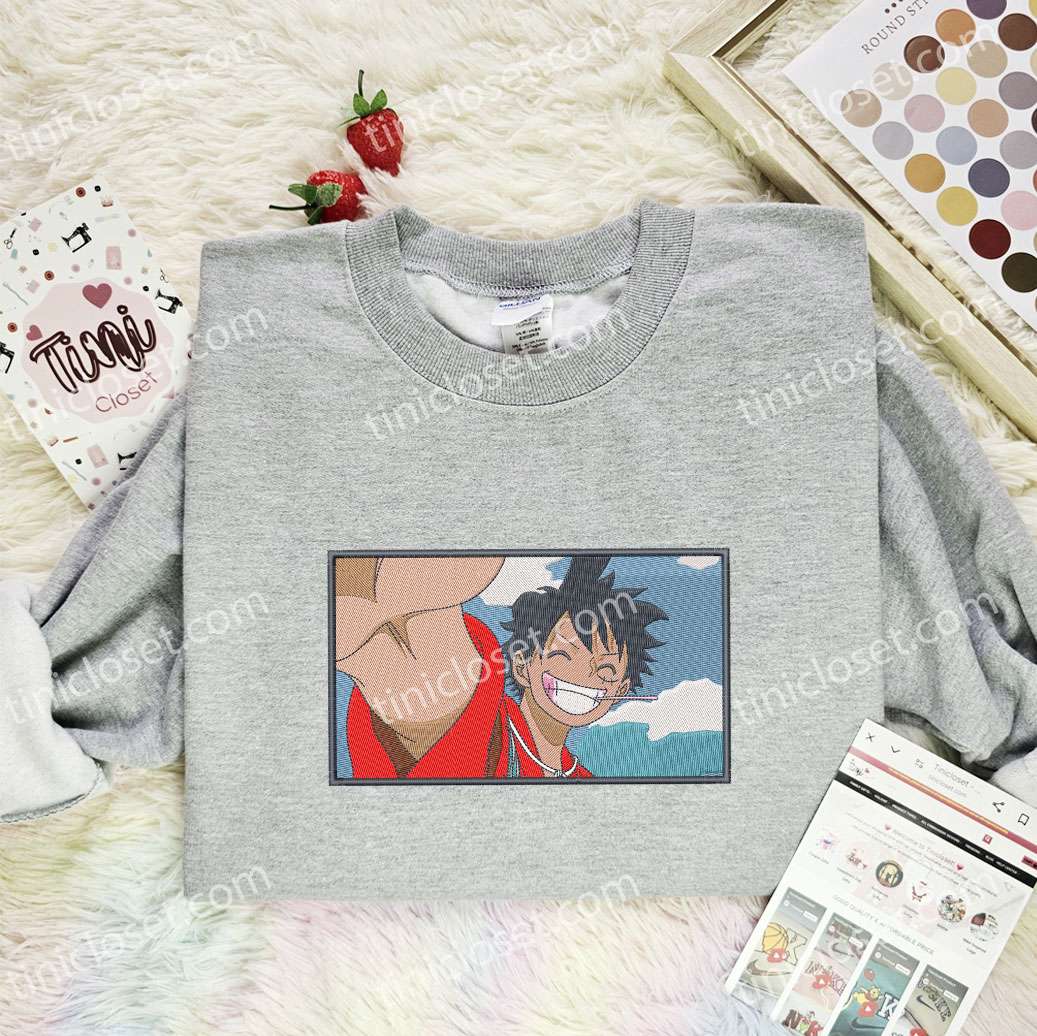 Luffy Selfie Smile One Piece Anime Embroidered Shirt
