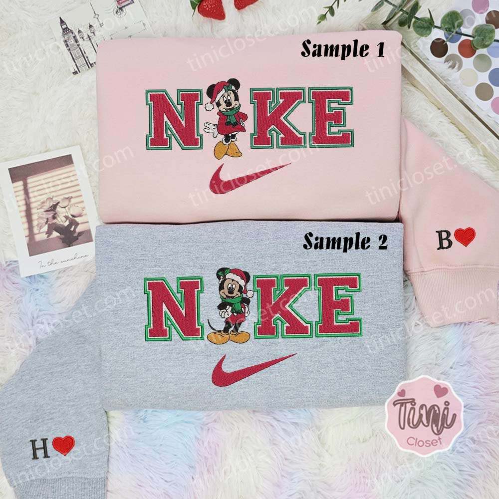 Minnie And Mickey Christmas Embroidered Couples Shirts